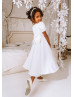 Short Puff Sleeves White Satin Tulle Flower Girl Dress